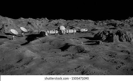 astronaut Moon surface  lunar landscape and permanent base (3d science illustration)