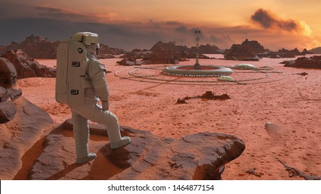 Astronaut On Planet Mars, Looking At A Habitat In The Desert Landscape (3d Science Illustration) 