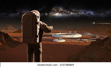 Astronaut On Planet Mars, Looking At A Martian City (3d Science Illustration) 