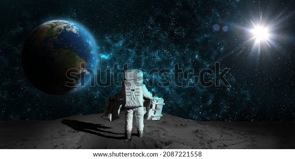 Astronaut on rock surface moon in\
space. Spacewalk.Astronaut standing looking at the Earth on lunar\
(moon) landing mission.Nebula,sun,planet.Elements of this image\
furnished by NASA.3D\
illustration.