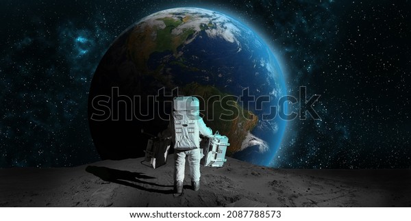 Astronaut on rock surface moon in\
space. Spacewalk.Astronaut standing looking at the Earth on lunar\
moon landing mission.Nebula,sun,planet.Elements of this image\
furnished by NASA.3D\
illustration.