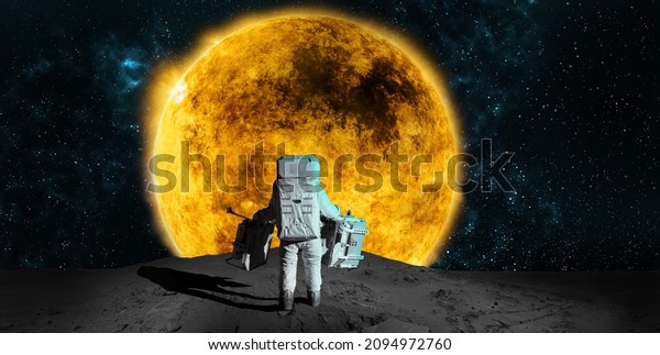 Astronaut on rock surface moon in space.\
Spacewalk.Astronaut standing looking at the Sun on lunar moon\
landing mission.Nebula,sun,planet.Elements of this image furnished\
by NASA.3D\
illustration.