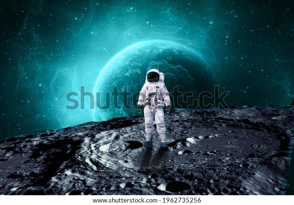 Astronaut on rock surface\
with space background ,astronaut walk on the moon wear cosmosuit.\
future concept