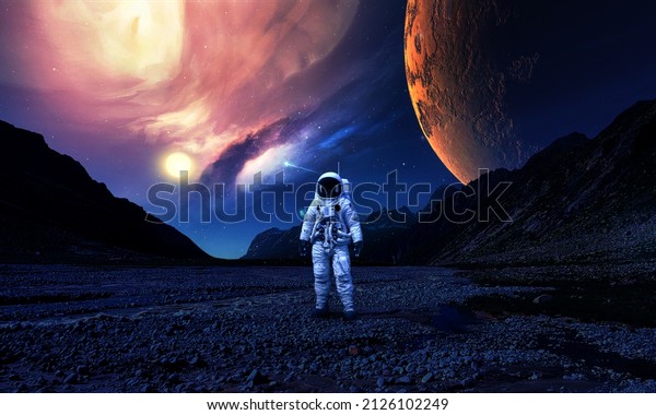  Astronaut on rock surface with space\
background ,  3d\
rendering