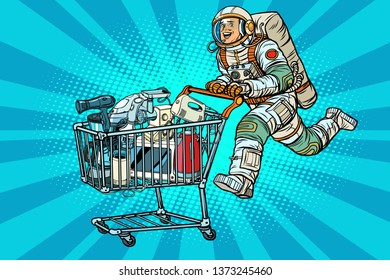 Astronaut On Sale Of Home Appliances. Pop Art Retro  Illustration Vintage Kitsch