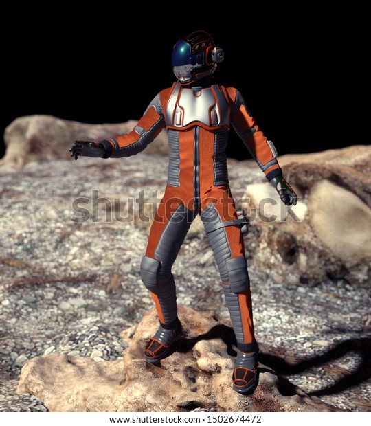 Astronaut on\
the unknown solar planet, 3D\
illustration