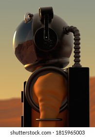 Astronaut In An Orange Spacesuit Stands On The Surface Of Mars, 3d Rendering