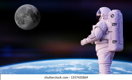 Astronaut In Orbit Of Planet Earth Watching The Moon (3d Science Render, Elements Of This Image Are Furnished By NASA)