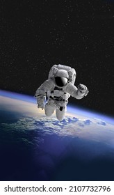 Astronaut in outer open space over the planet Earth.Stars provide.erforming a space above planet Earth.Sunrise,sunset.Our home.ISS.Elements of this Image Furnished by NASA.3D illustration.