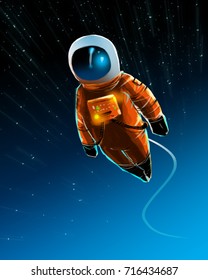 Astronaut in outer space and cable attached from space station, Starfield background, digital illustration painting Sci-fi concept.