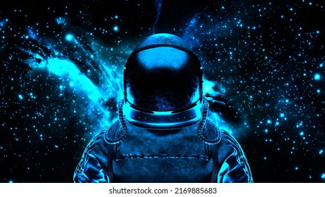 Astronaut In Outer Space. Cosmonaut In Spacesuit.
Weightlessness. Galaxy. 3D Render.