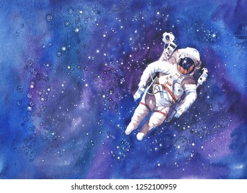 Astronaut In Outer Space. Watercolor Illustration.