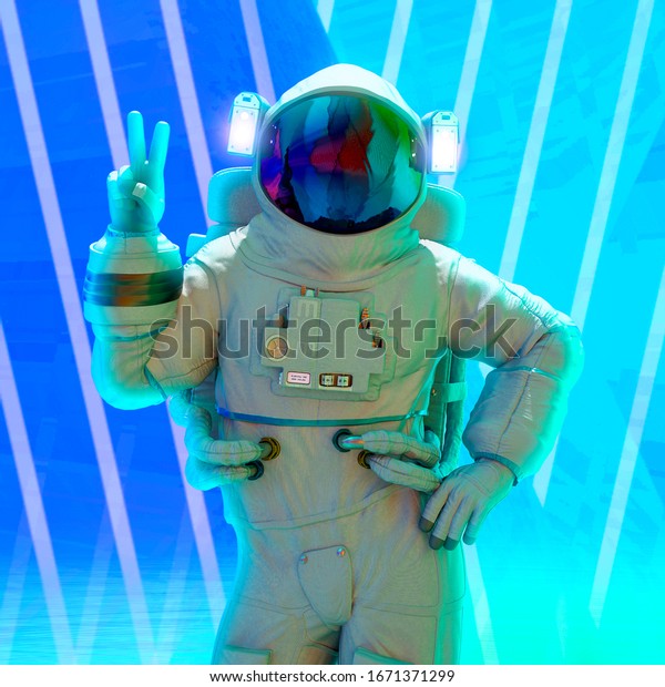 astronaut peace and love pin up pose close\
up, 3d\
illustration