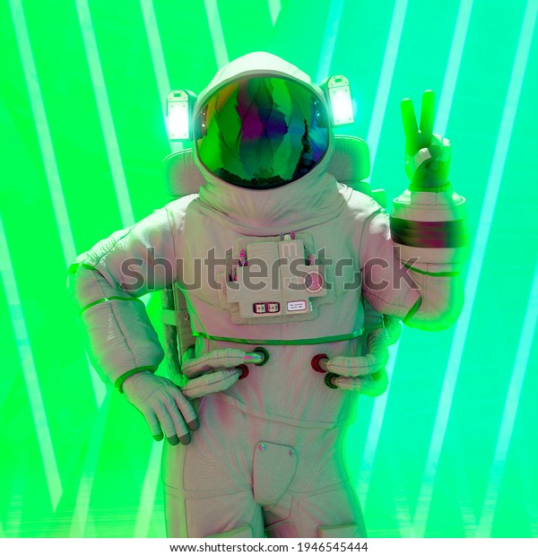 astronaut peace and love pin up pose close\
up, 3d\
illustration