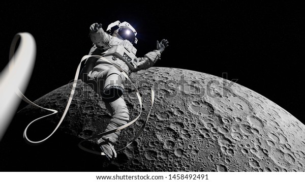 astronaut performing a space walk in Moon\
orbit (3d science\
illustration)