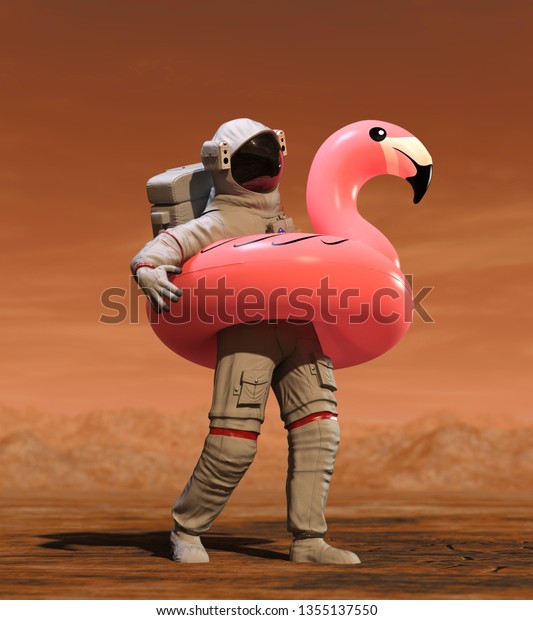 Astronaut with Pink Float Looking for Water\
on Mars - 3D\
illustration