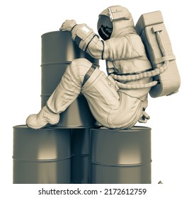 Astronaut Playing On The Oil Barrel Close Up, 3d Illustration