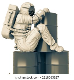 Astronaut Playing On The Oil Barrel Close Up, 3d Illustration