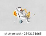 Astronaut playing saxophone in space, surrounded by planets and sun. Space, saxophone, and planets create a surreal, cosmic scene. Astronaut in space isolated on gray textured background.