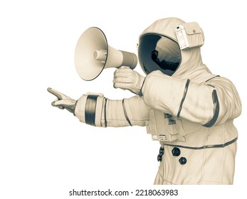 Astronaut Protesting With A Bullhorn In Hand Close Up, 3d Illustration