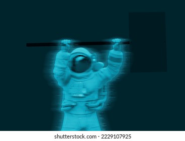 astronaut is protesting and holding a placard, 3d illustration