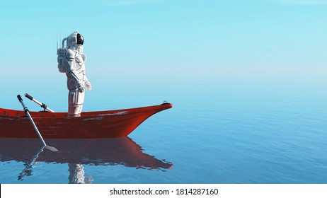 Astronaut In A Red Boat In The Ocean . This Is A 3d Render Illustration . 