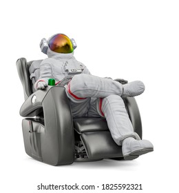 Astronaut Is Relaxing On The Recline Arm Chair, 3d Illustration