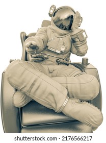 Astronaut Is Relaxing On The Recline Arm Chair Front View, 3d Illustration