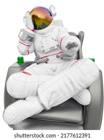 Astronaut Is Relaxing On The Recline Arm Chair Front View, 3d Illustration