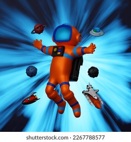 Astronaut with rocket and shuttle floating in space with asteroids moon and UFO, space adventure scientific discovery, 3D rendering cartoon character.