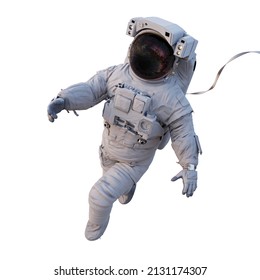 astronaut with safety cable flying in outer space, isolated on white background (3d science render)