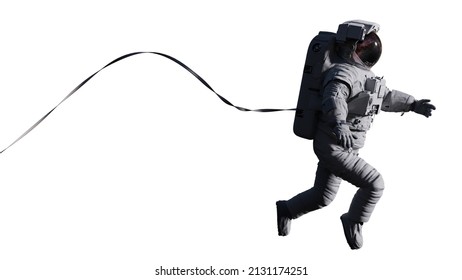 astronaut with safety cable in outer space, isolated on white background (3d science render)