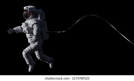 astronaut with safety cable in outer space, isolated on black background (3d science render)