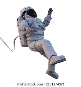 Astronautin mit Sicherheitsgurten, die im Weltraum fliegen, einzeln auf weißem Hintergrund (3D-Wissenschaftsrente)