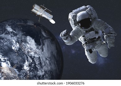 Astronaut and satellite telescope near Earth planet of solar system at night. Science fiction 3D render. Elements of the image were furnished by NASA