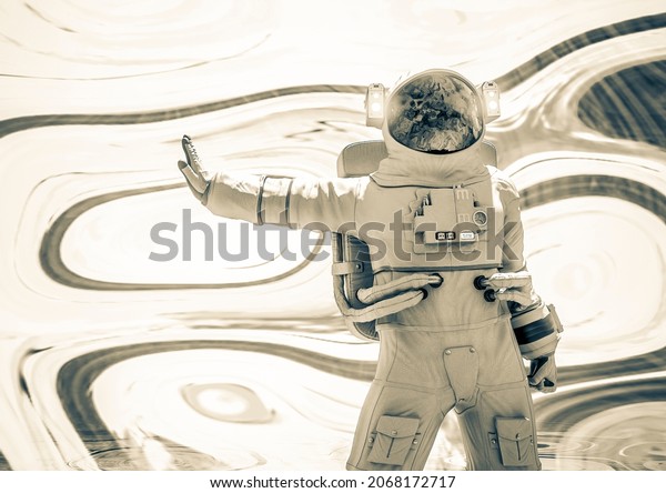 astronaut is saying hey stop there in a\
psychedelic background close up view, 3d\
illustration