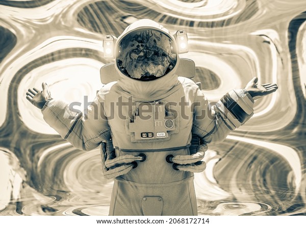 astronaut is saying what is up in a\
psychedelic background close up view, 3d\
illustration
