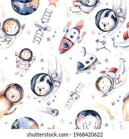 Astronaut Seamless Pattern. Universe Kids Baby Boy Girl Elephant, Fox Cat And Bunny, Space Suit, Cosmonaut Stars, Planet, Moon, Rocket And Shuttle Watercolor Space Ship Background.