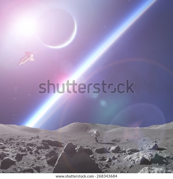 Astronaut as\
seen from the Moon-like surface planet in a distant galaxy.\
Elements of this image furnished by\
NASA.