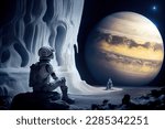 Astronaut sits on surface of planet Callisto and looks at the planet Jupiter