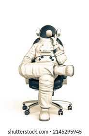 Astronaut Is Sitting In The Office Chair And Also Is Thinking About The Life, 3d Illustration