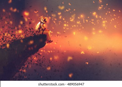 astronaut sitting on cliff's edge and looking to fireflies,illustration painting
