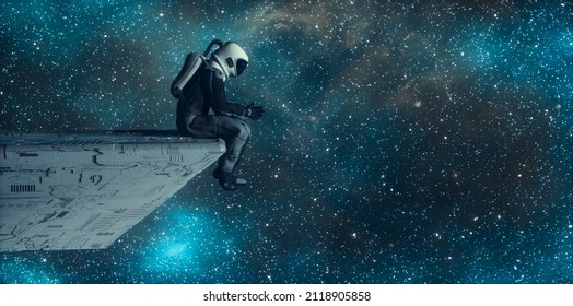 Astronaut sitting on a spacestation looking at the space . This is a 3d render illustration .