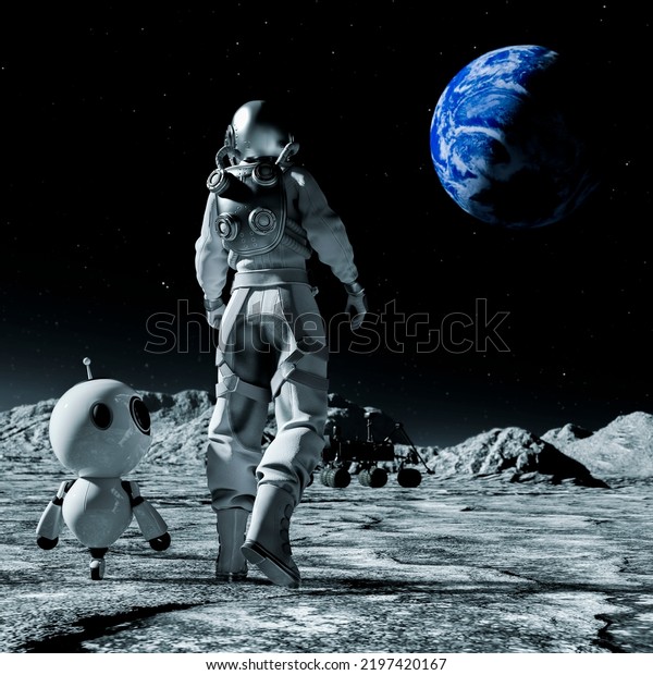 Astronaut and small robot at the spacewalk\
on the moon looking at the earth. 3d\
rendering.
