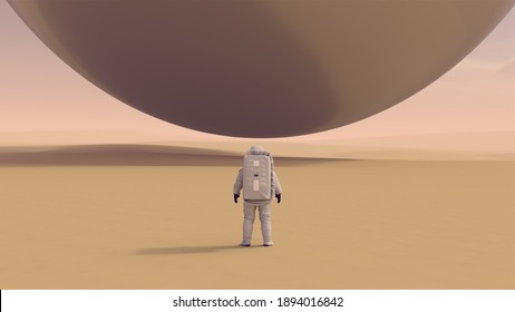 Astronaut Space Explorer And Large Alien Silver Orb Sphere Floating Above A Hard Desert 3d Illustration 3d Render