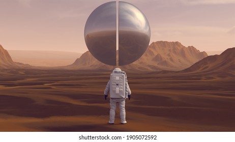 Astronaut Space Explorer And Large Alien Silver Split Orb Sphere Floating Above A Arid Mountain Desert With Sediment Mudflat 3d Illustration Render	