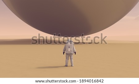 Astronaut Space Explorer and Large Alien Silver Orb Sphere Floating above a Hard Desert 3d illustration 3d render
