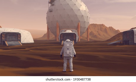 Astronaut Space Explorer Mars Base Camp Arid Mountain Desert With Sediment Mudflat 3d Illustration Render	