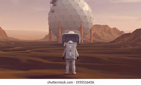 Astronaut Space Explorer Mars Base Camp Arid Mountain Desert With Sediment Mudflat 3d Illustration Render