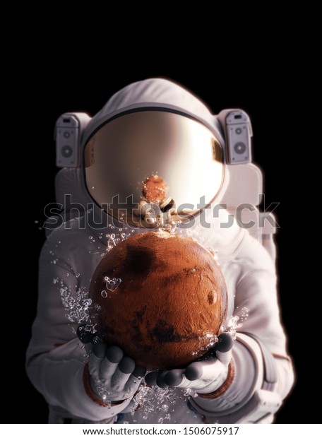 Astronaut in space holds the planet Mars\
with splashing water in his hands, 3D\
illustration